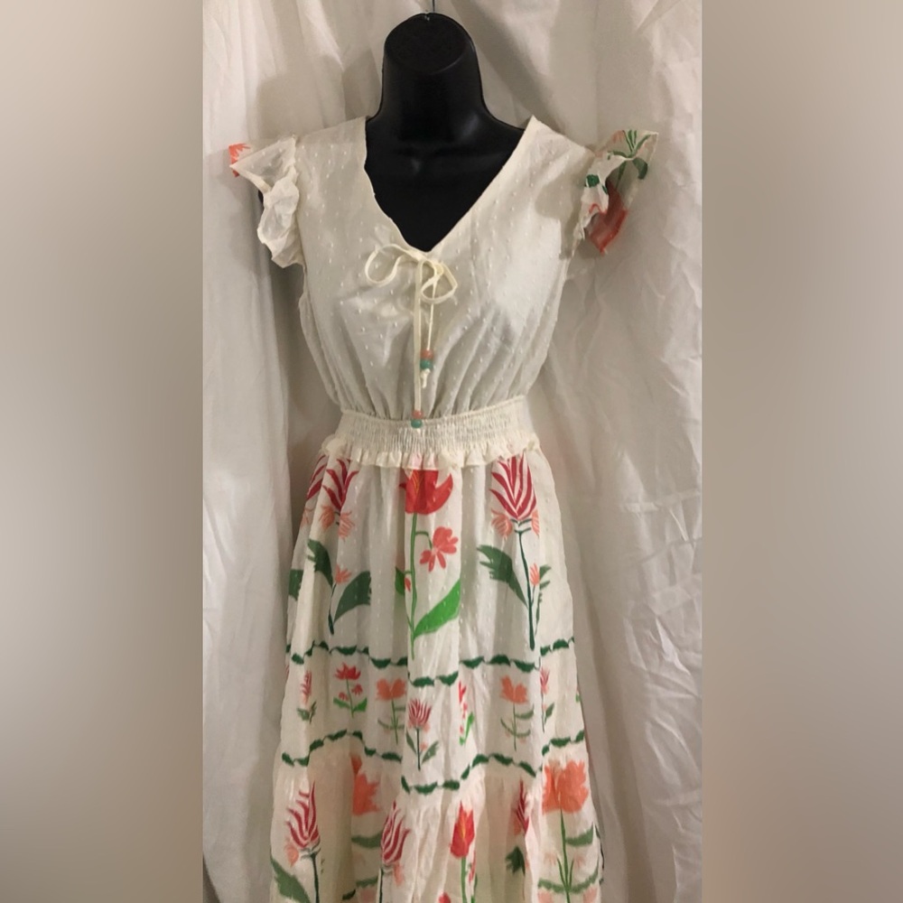 Cream multi floral‎ v-neck ruffled shoulder smocked dress size Small brand new - Picture 8 of 16